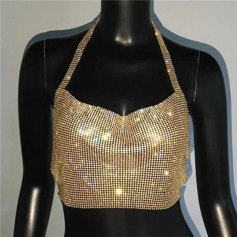 Rhinestone Sequin Halter Crop Top - Backless Metallic Strap Tank for Festival