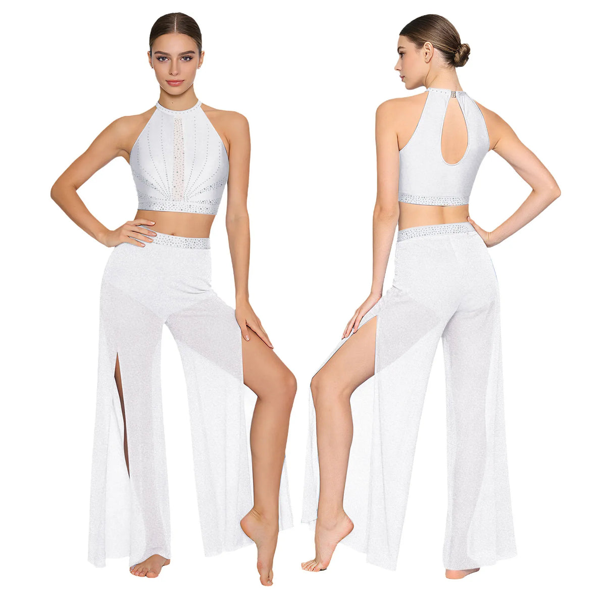 Rhinestone Crop Top & Wide-Leg Split Pants Set | One Shoulder | Lyrical Modern Dance