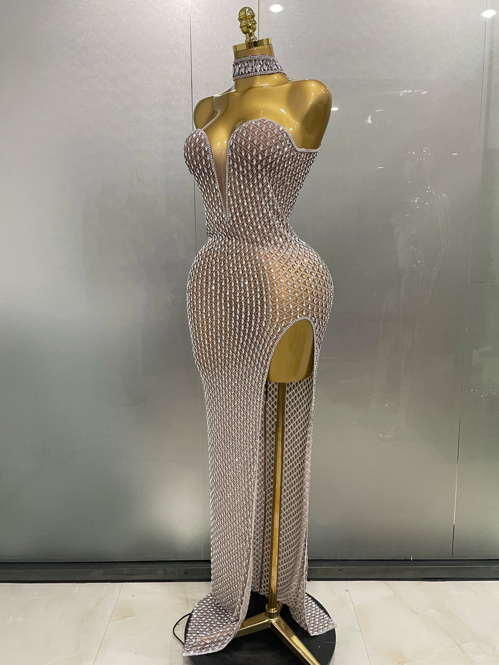 Full Rhinestone Column Maxi Gown | Nude | Luxury Pageant