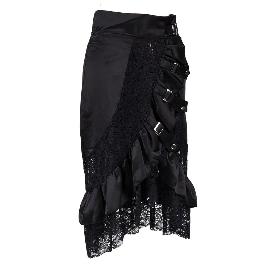 Gothic Satin & Lace Ruffle Skirt | Buckle Detail | S-6XL