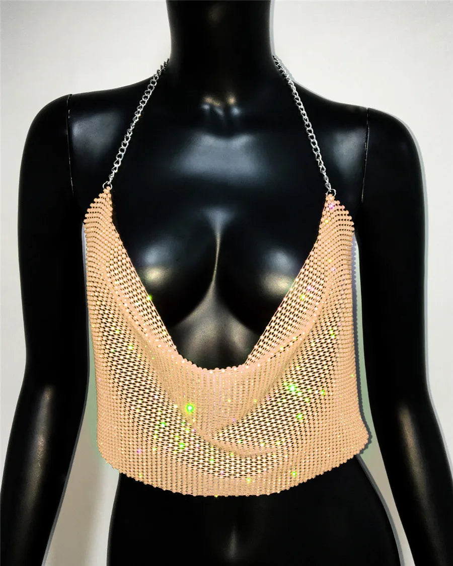 Rhinestone Fishnet Halter Crop Top - Sheer Deep V Backless Tank
