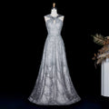 Pearl Beaded V-Neck A-Line Pageant Gown | Criss-Cross | Gray & Gradient Pink