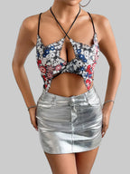 Embroidered Flower Bandage Crop Top - Backless Sling Tank