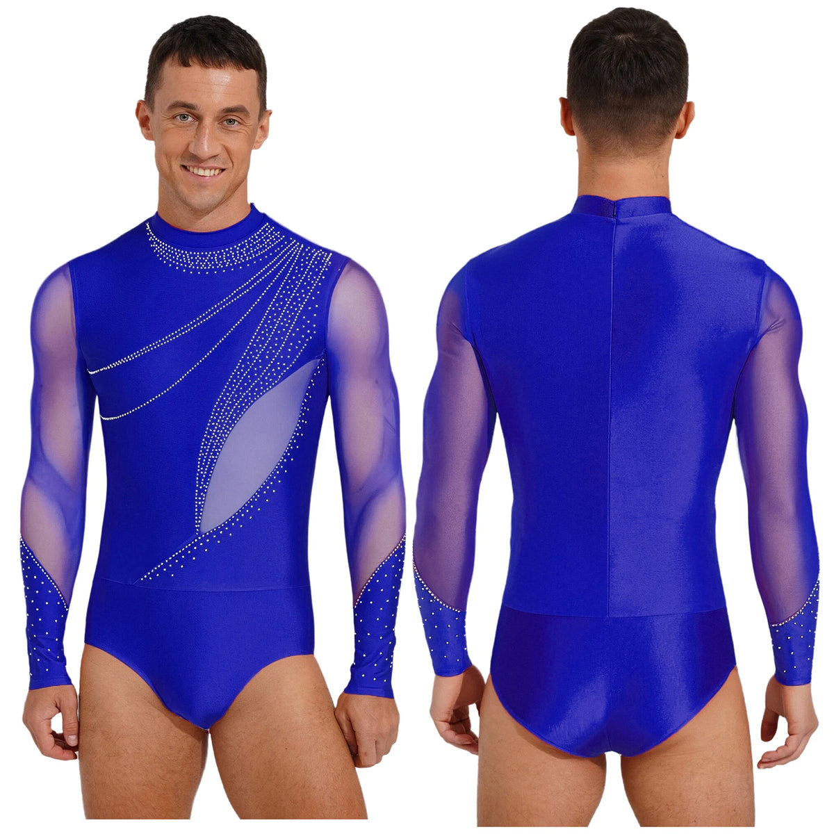 Men's Rhinestone Leotard | Mock Neck & Diagonal Sheer Mesh Panel | Long Sleeve
