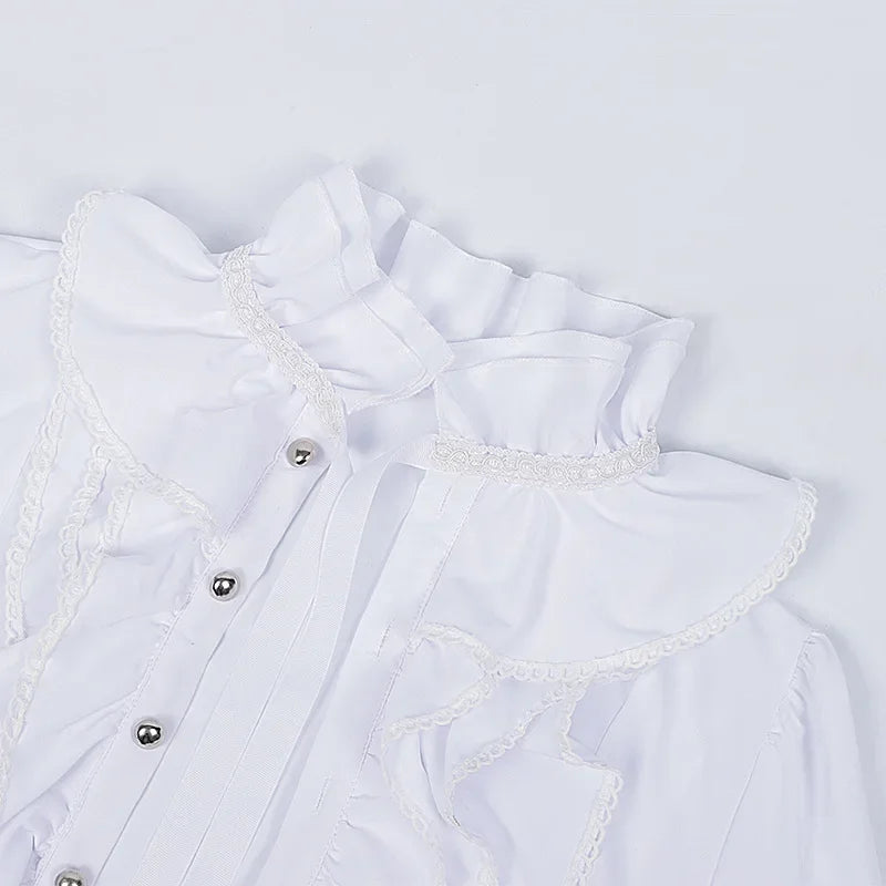 Gothic Stand Collar Pleated Shirt | Rhinestone | Black & White | S-2XL