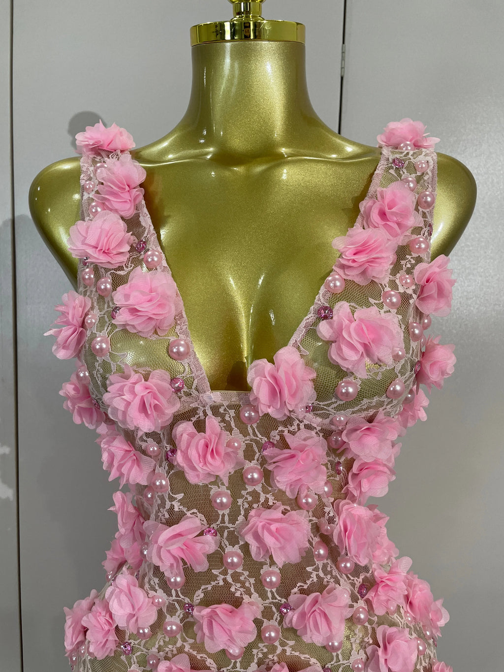 Pearl Flower Mesh Mini Dress | 3D Appliqué | V-Neck | Stage & Club