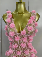 Pearl Flower Mesh Mini Dress | 3D Appliqué | V-Neck | Stage & Club