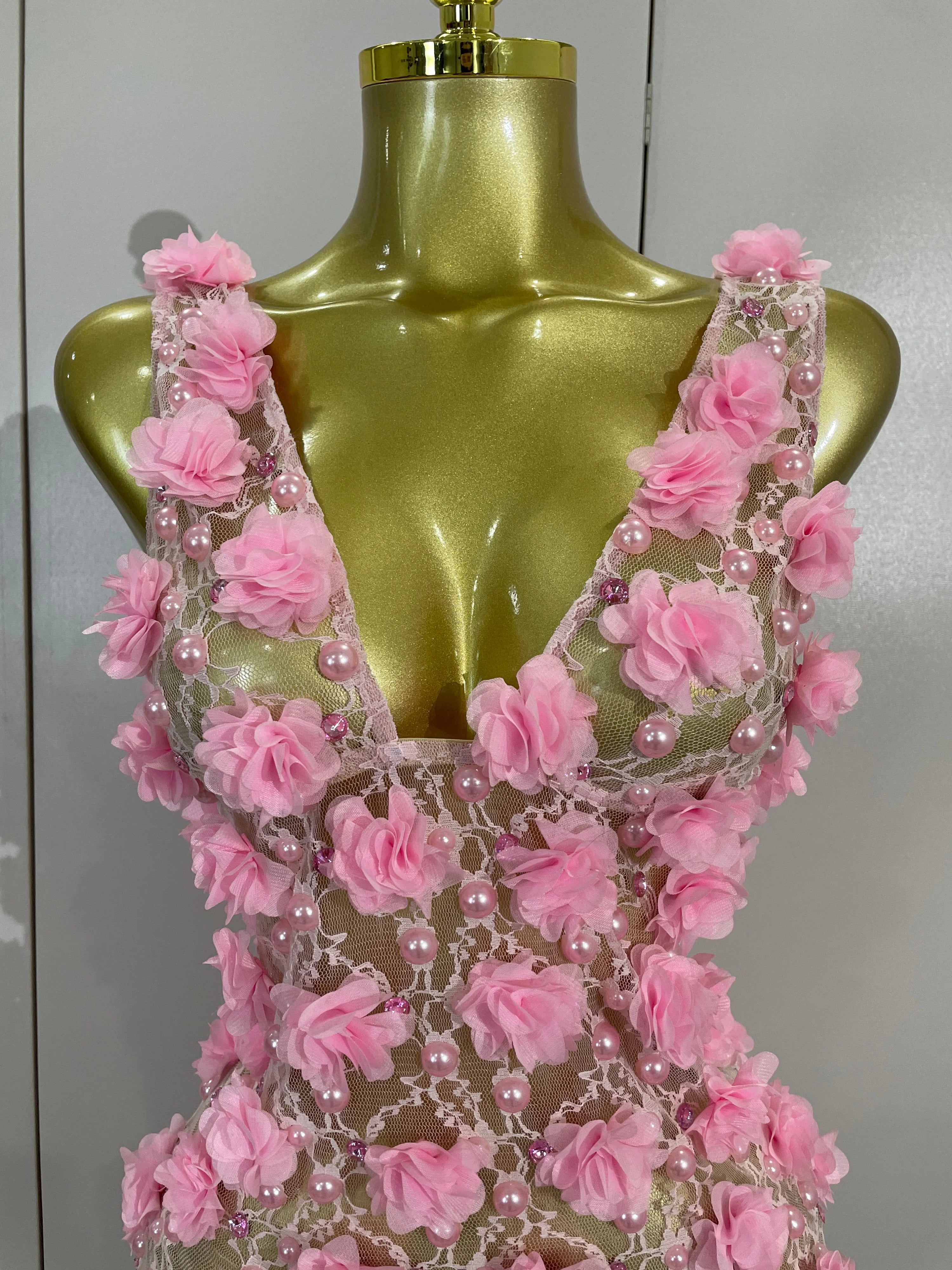 Pearl Flower Mesh Mini Dress | 3D Appliqué | V-Neck | Stage & Club