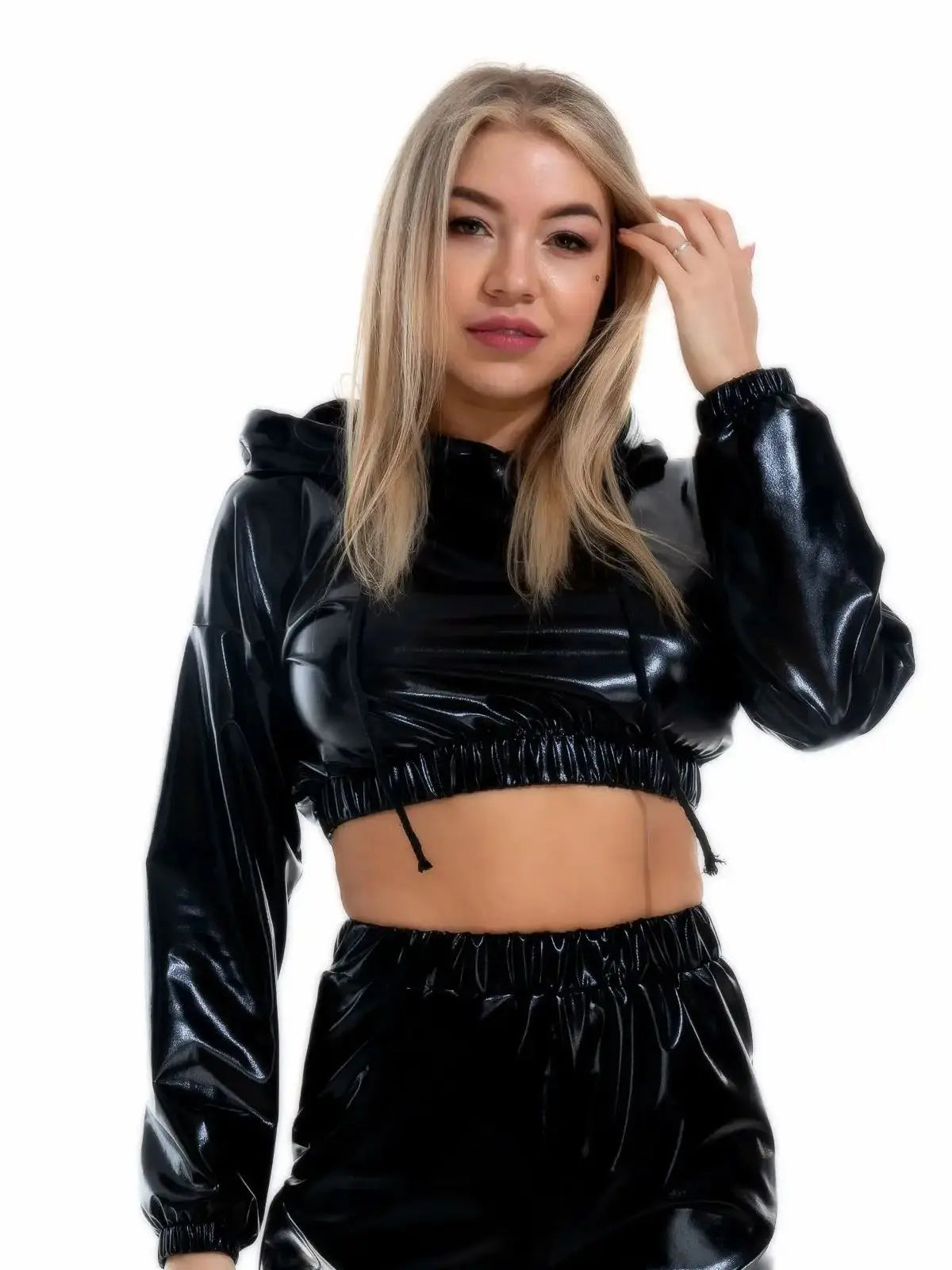 Holographic Crop Hoodie | Metallic Shiny | Drawstring