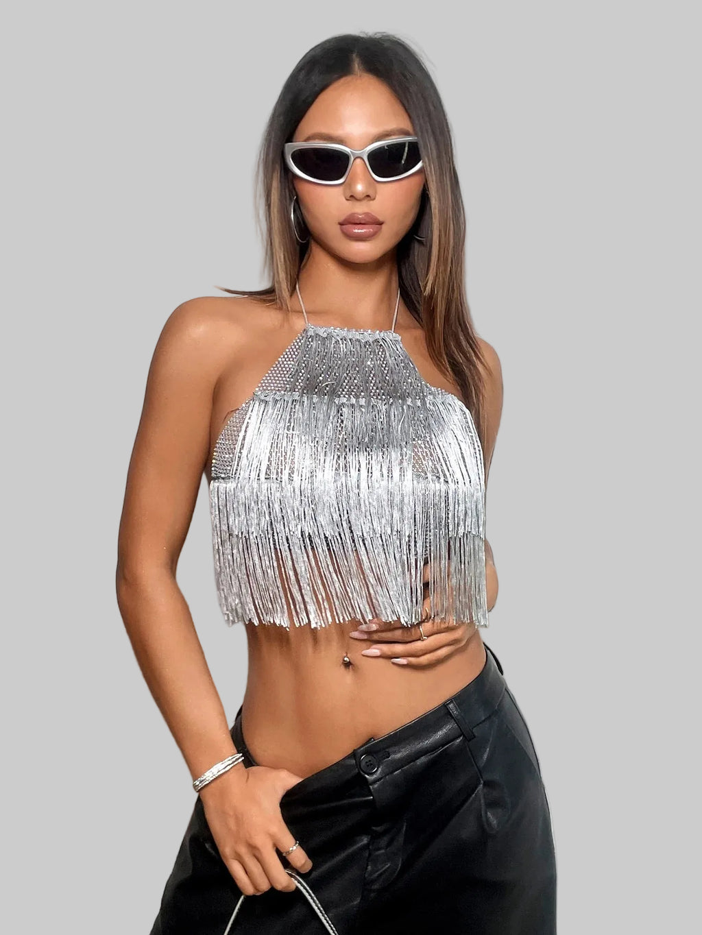 Rhinestone Mesh Halter Crop Top - Backless Tassel Party Camisole