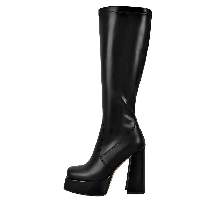 Platform Knee-High Boots | Square Toe Side Zip | 12cm Heel | Sizes US 5–15