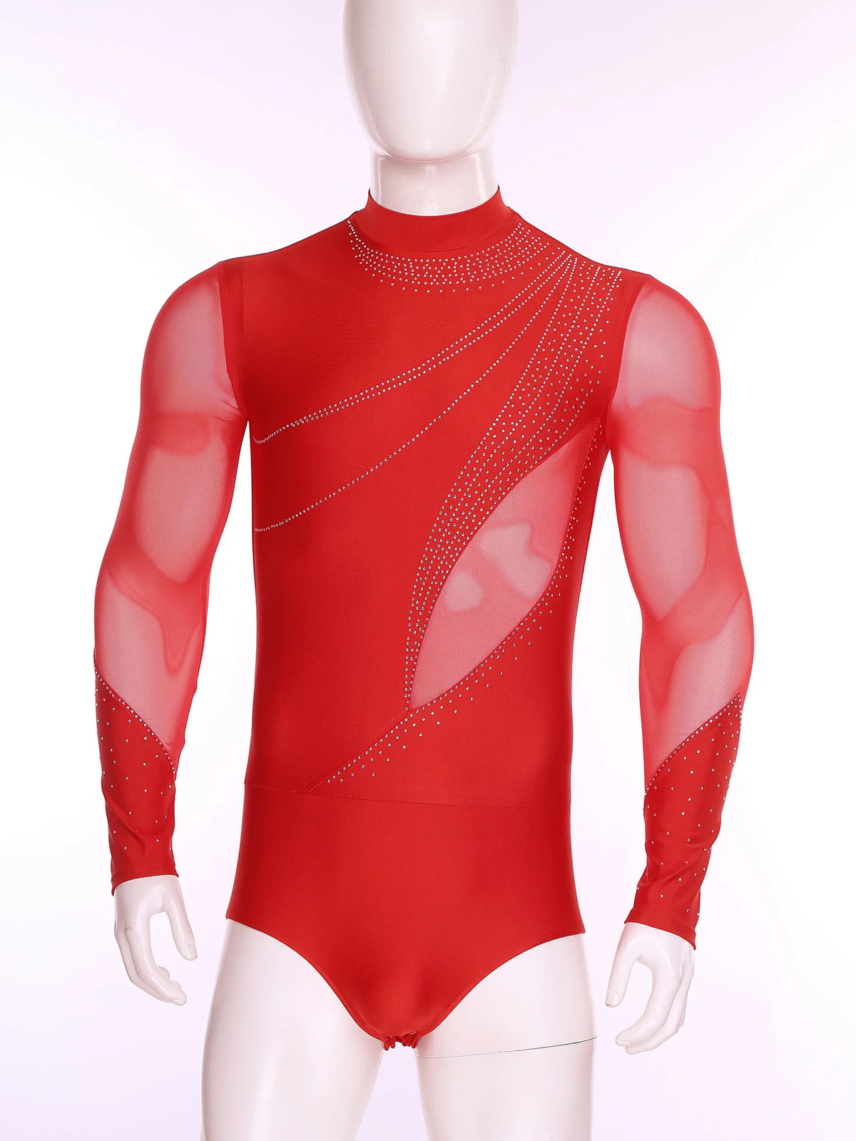 Men's Rhinestone Mesh Leotard | Mock Neck & Long Sleeve | Snap Crotch