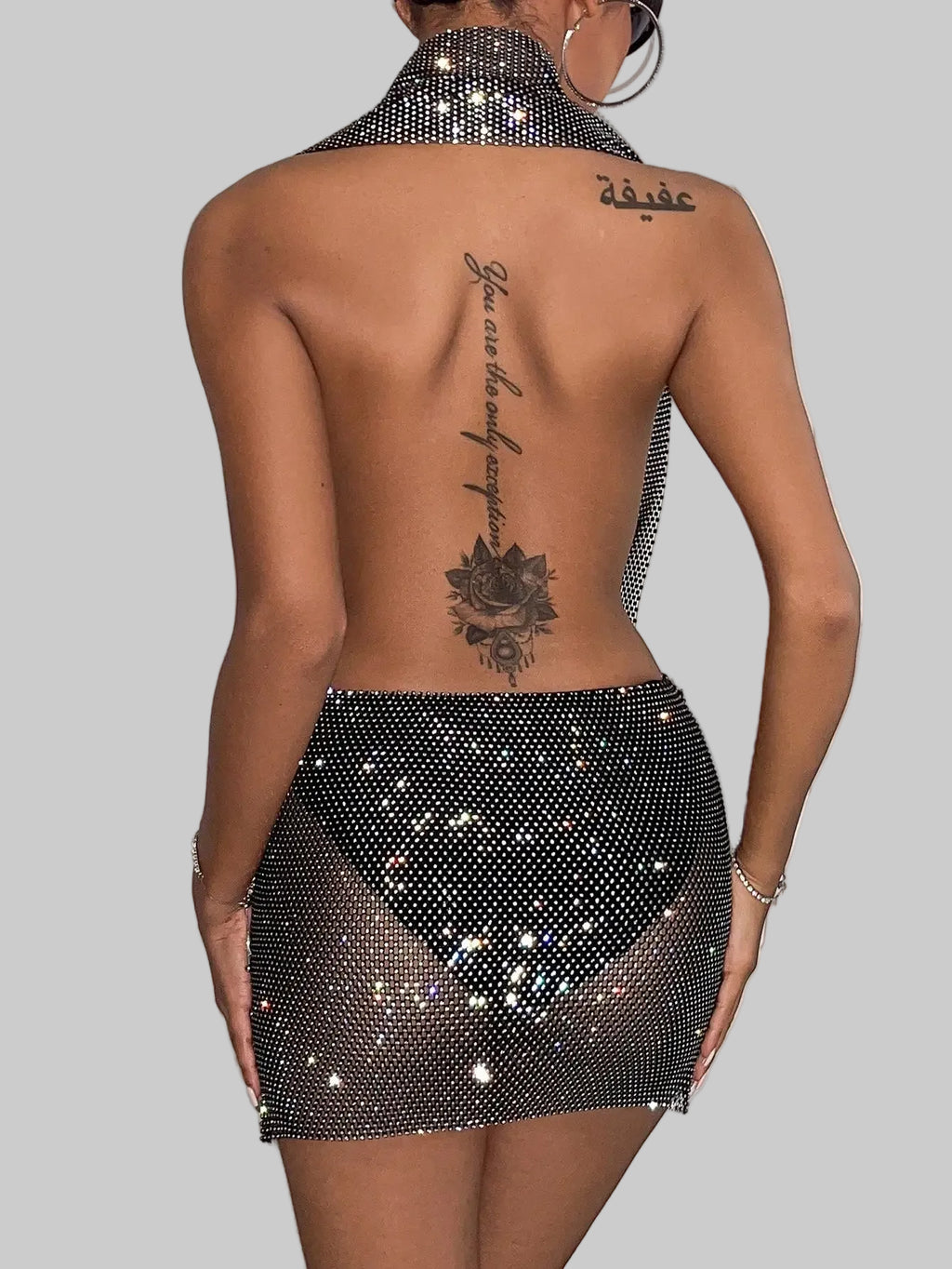 Rhinestone Fishnet Mini Dress - Backless Deep V-Neck Performance Dress