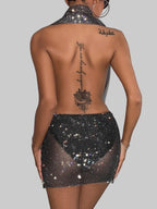 Rhinestone Fishnet Mini Dress - Backless Deep V-Neck Performance Dress