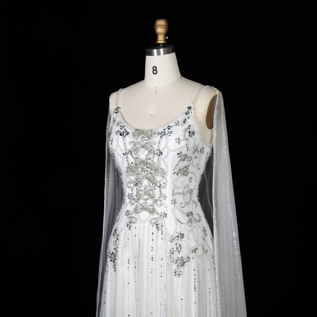 Crystal Beaded Cape Gown | Floral Bodice | Champagne & White