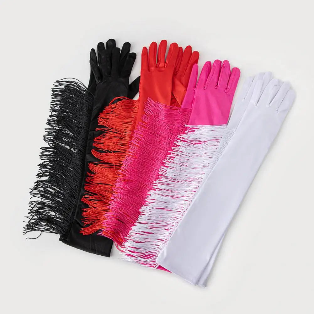 Fringe Tassel Opera Gloves — Elbow Length, 45cm | Rose Red, Red, White, Black