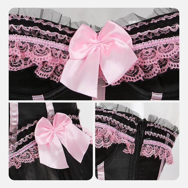 Striped Brocade Overbust Corset Top | Lace Trim & Bow | 10 Colours | S–6XL