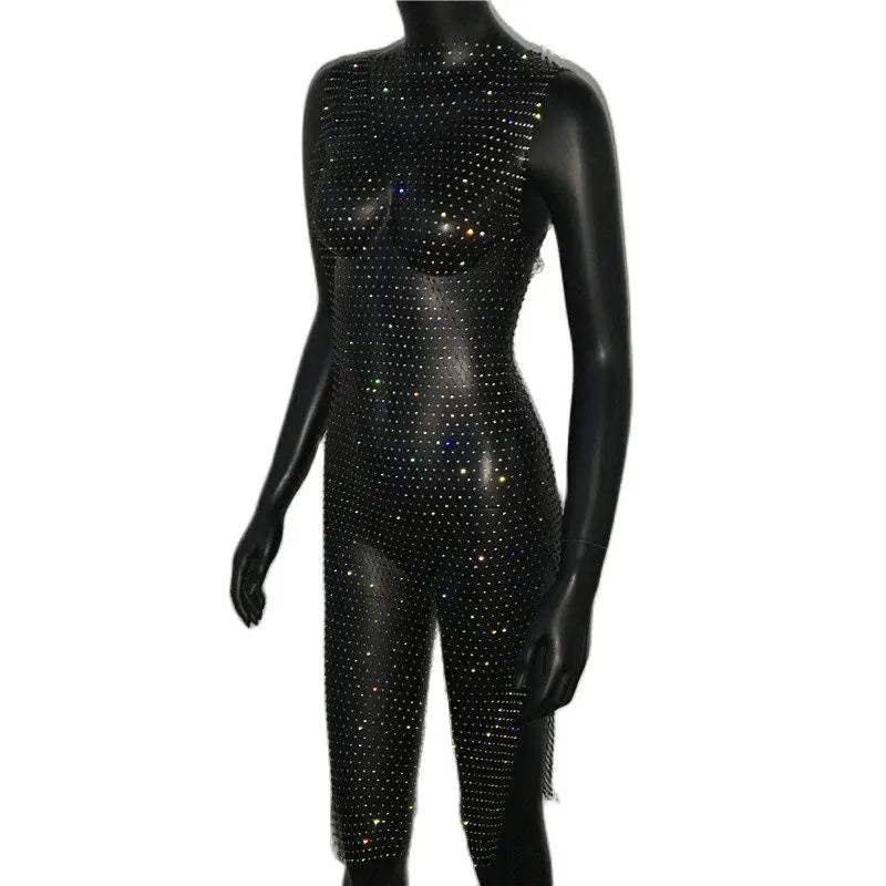 Rhinestone Fishnet Mini Dress - Sheer Cover-Up Party Dress