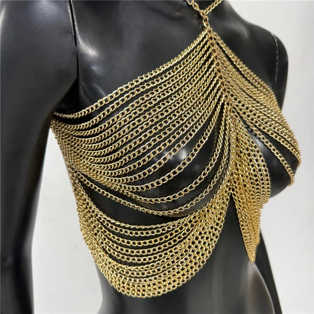 Metal Chain Tassel Halter Crop Top - Sheer Backless Camisole