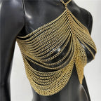 Metal Chain Tassel Halter Crop Top - Sheer Backless Camisole