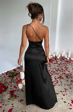 One Shoulder Satin Gown - High Slit Backless Dress