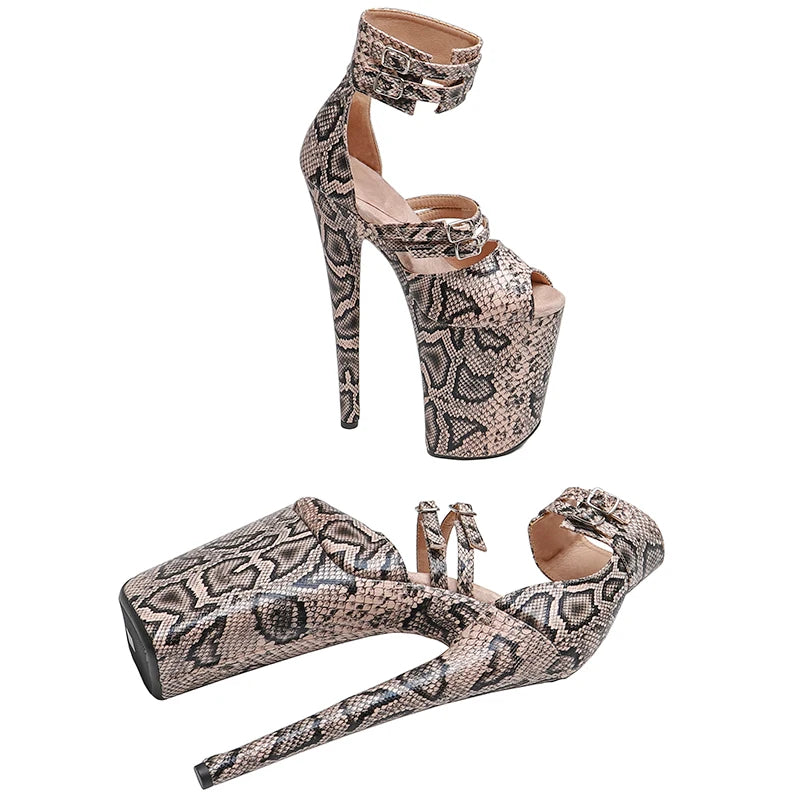 9-Inch Snake Print Platform Sandals - Slip-On High Heel Performance Shoes