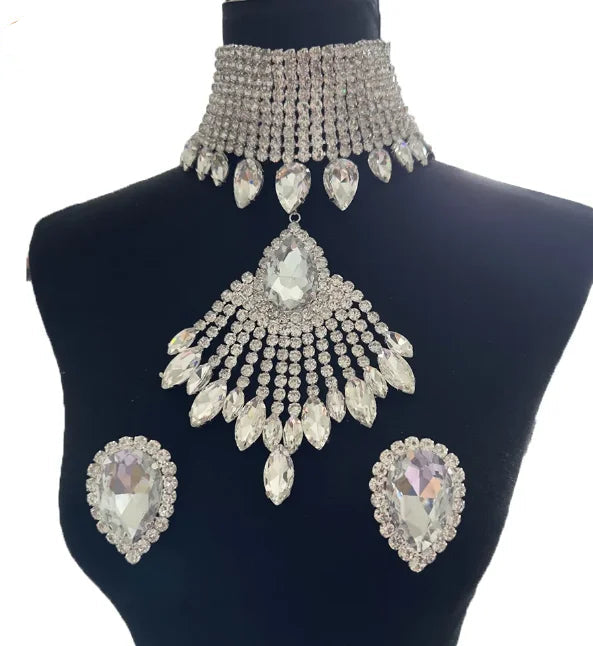 Rhinestone Tassel Choker Jewelry Set | Necklace & Earrings