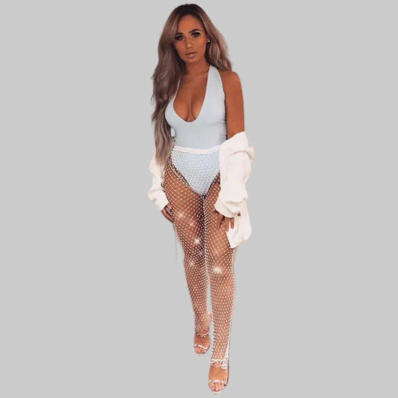 Rhinestone Fishnet Wide Leg Pants - Sheer Mesh Trousers