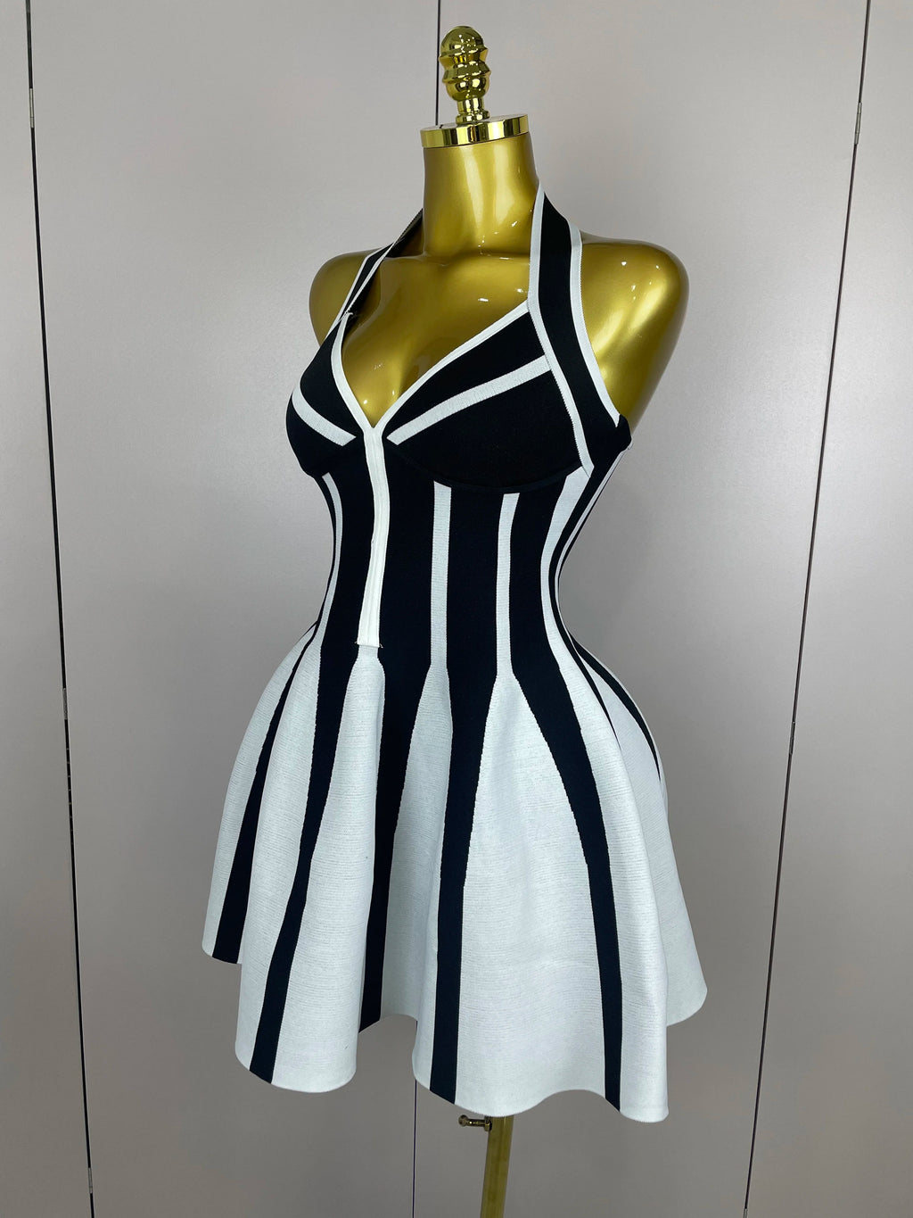 Stripe Halter Bandage Dress | Black & White | Mini