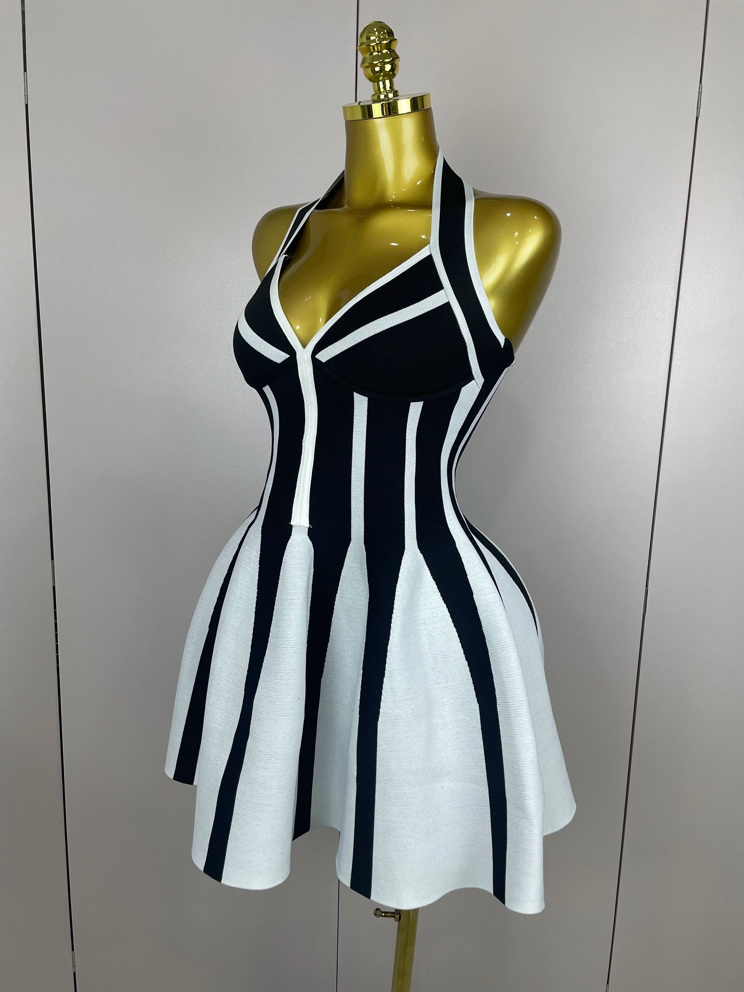 Stripe Halter Bandage Dress | Black & White | Mini