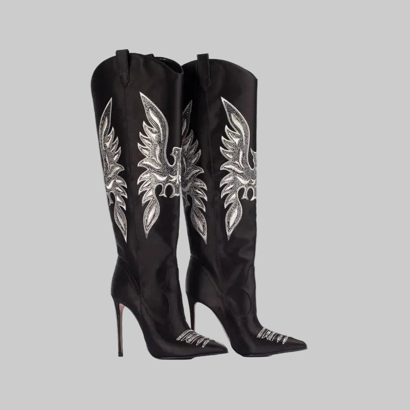 Denim Western Cowboy Boots - Embroidered Stiletto Heel Ankle Boots