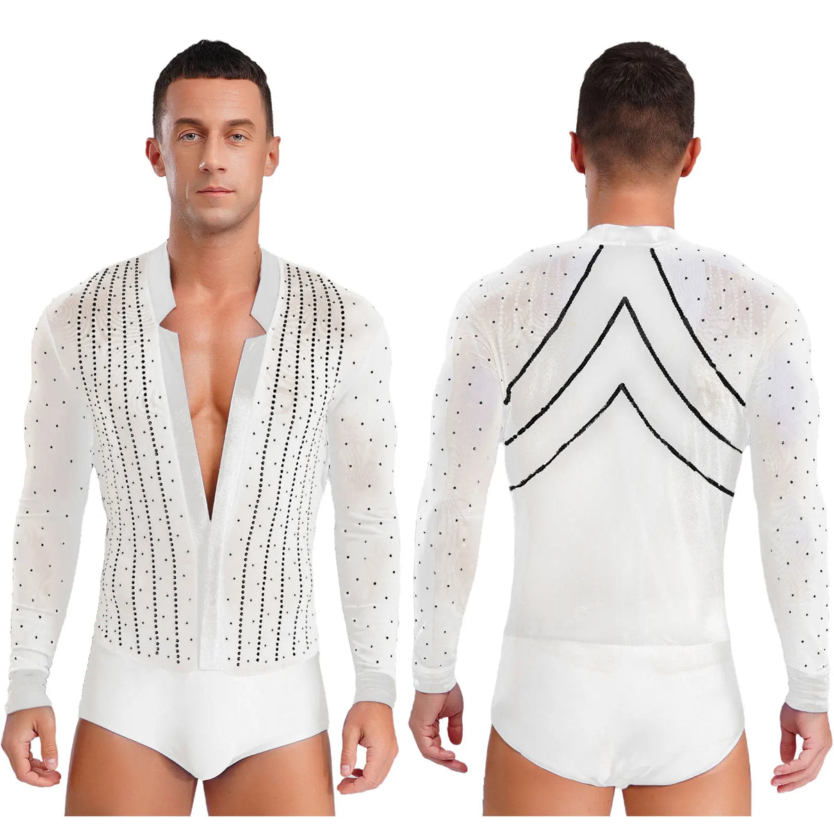 Men's Rhinestone Dance Leotard | Deep V-Neck & Velvet Mesh Patchwork | Long Sleeve