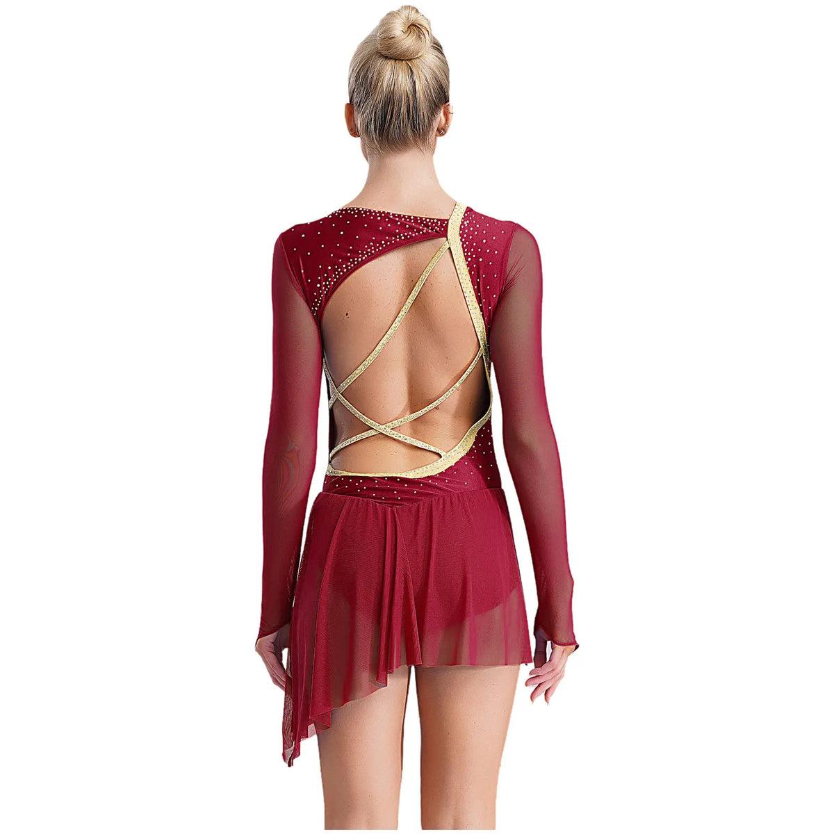 Rhinestone Mesh Skating Dress | Long Sleeve | Backless