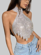 Rhinestone Off-Shoulder Halter Camisole - Backless Crop Top