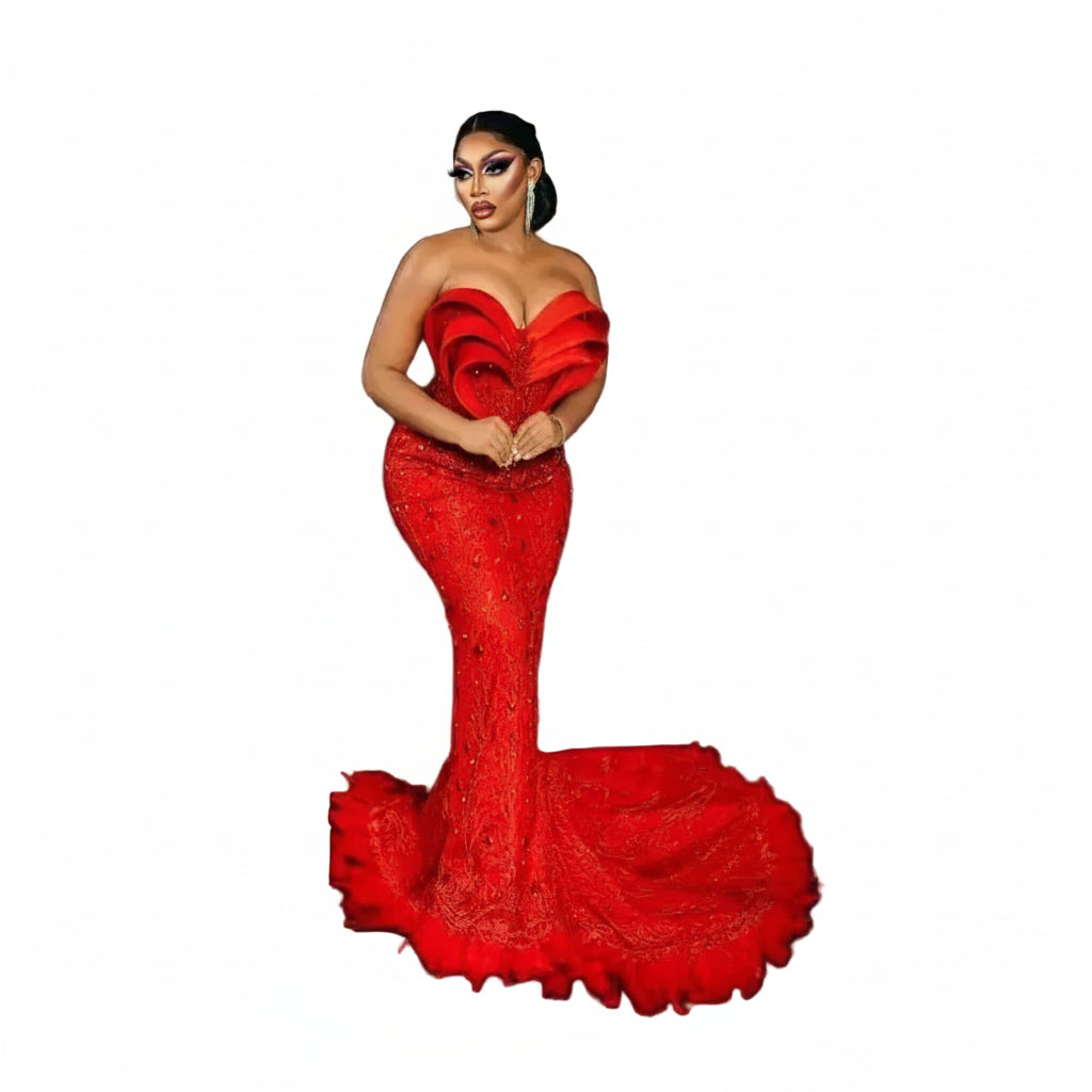 Red Lace Beaded Mermaid Gown | Sweetheart Court Train | Custom Sizing