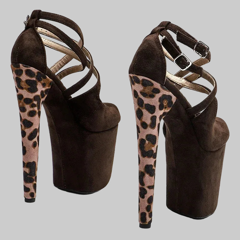 20CM Suede Leopard Platform Sandals - Closed Toe 8 Inch High Heel Pole Dance Shoes