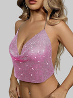 Diamond Metal Halter Crop Top - Deep V-Neck Backless Camisole