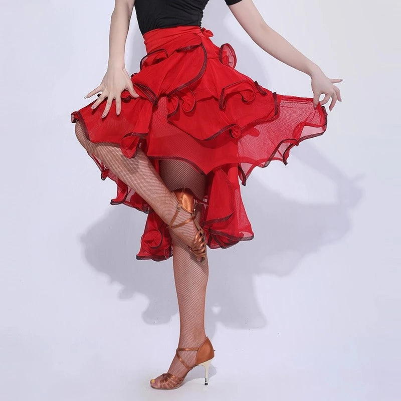 Multi-Tier Ruffle Latin Skirt | Competition & Practice | Red & Black