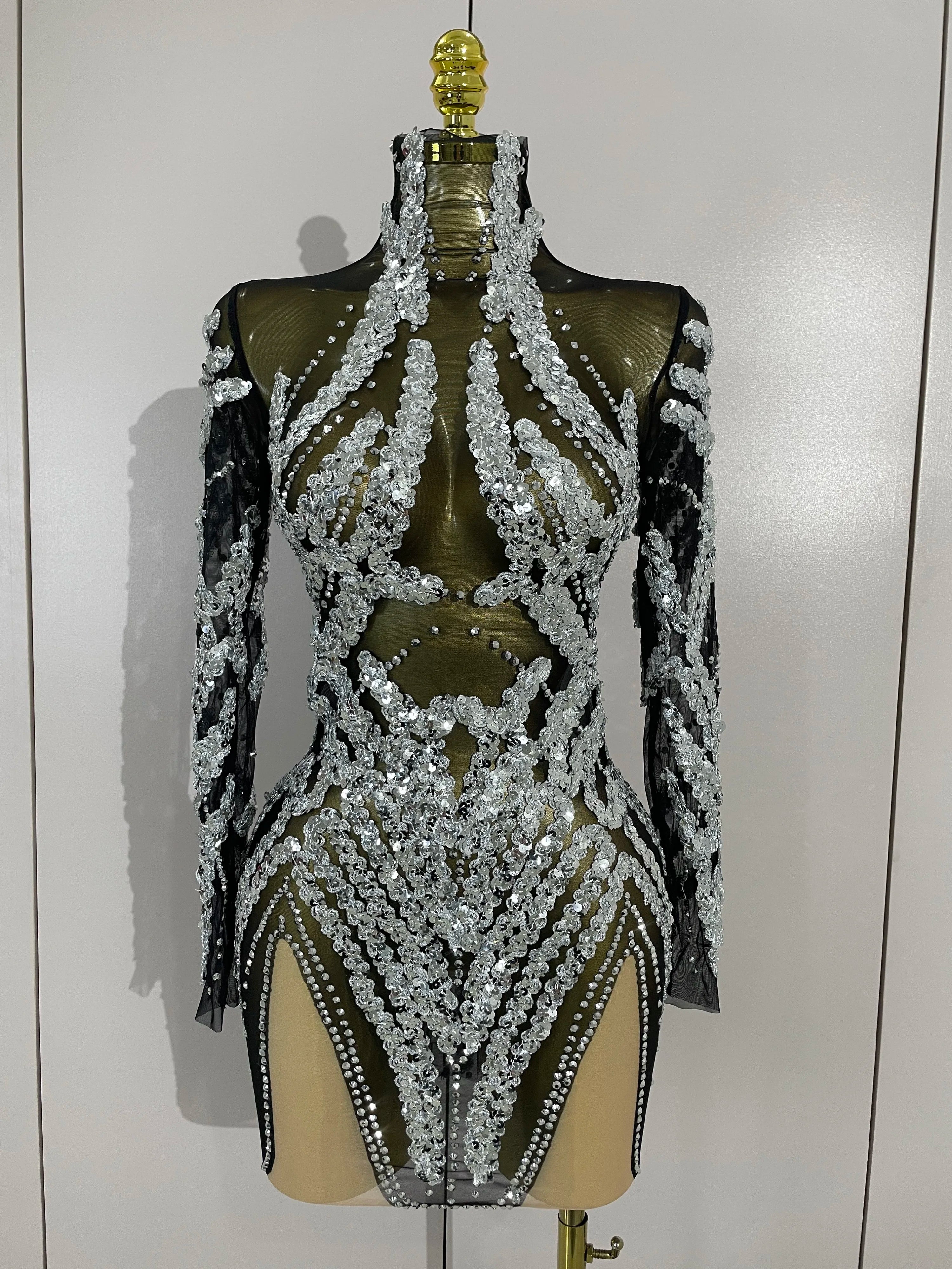 Rhinestone Mesh Long Sleeve Mini Dress | Sparkle | Stage