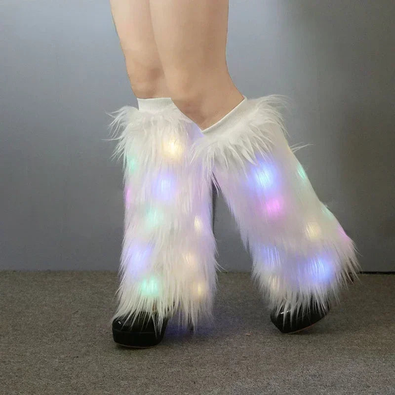 LED Fluffy Faux Fur Boot Covers | 40 cm | Rave & Festival Leg Warmers | White