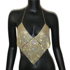 Rhinestone Halter Crop Top - Backless Metal Camisole for Festival & Stage