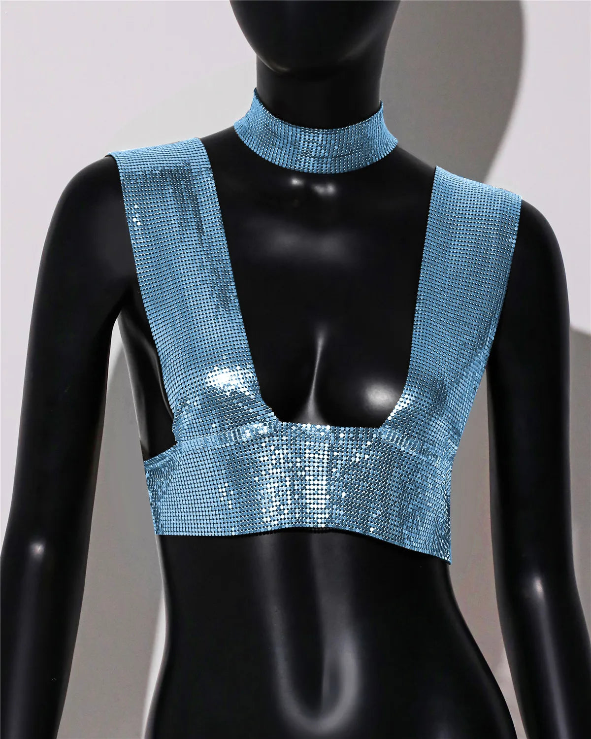 Sequin Choker Crop Top - Backless V-Neck Performance Cami