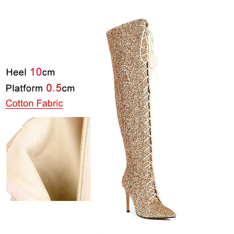 Sequin Over-the-Knee Boots | Lace-Up | 10cm Heel