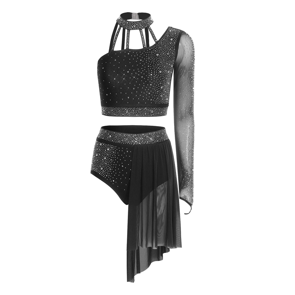 Latin Dance Set | Rhinestone Crop Top & Shorts | Asymmetrical