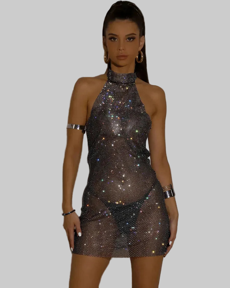 Rhinestone Halter Mini Dress - Backless Sheer with Turtleneck