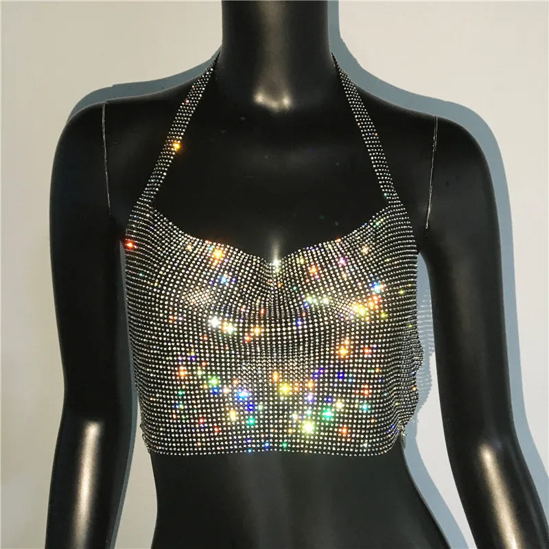 Rhinestone Sequin Halter Crop Top - Backless Metallic Strap Tank for Festival