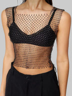 Glitter Rhinestone Fishnet Tank Top - Backless Square Neck Crop Top