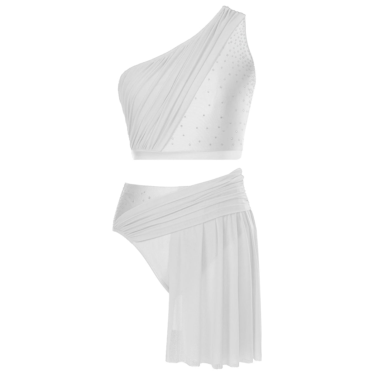 One Shoulder Rhinestone Dance Set | Crop Top & Skirted Brief