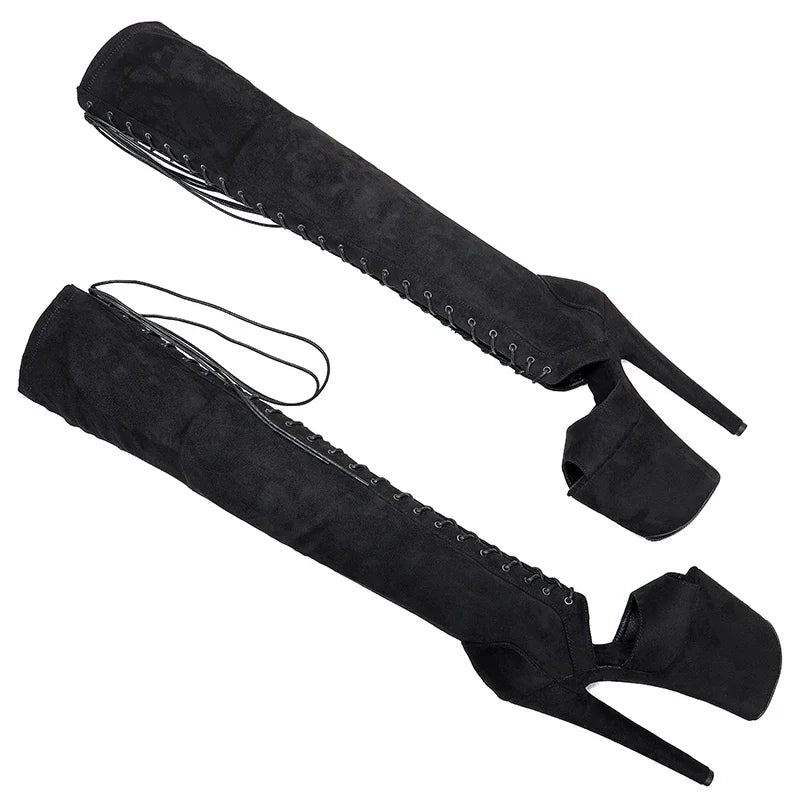 20cm Black Suede Over-Knee Boots - Open Toe Platform Dance Boots