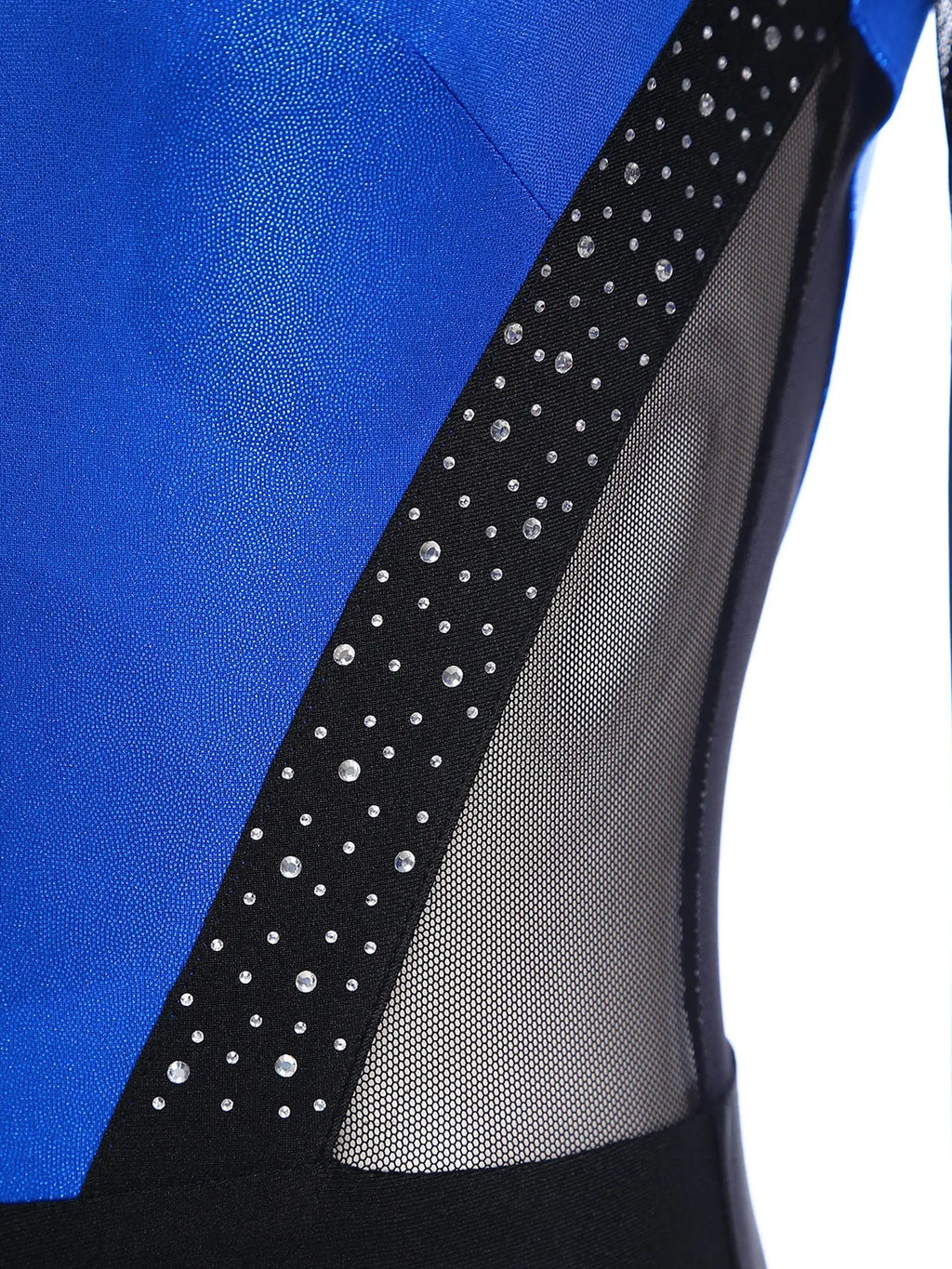Women's Rhinestone Color-Block Dance Jumpsuit | Sheer Mesh Long Sleeve & Ankle Length | Gymnastics & Performance